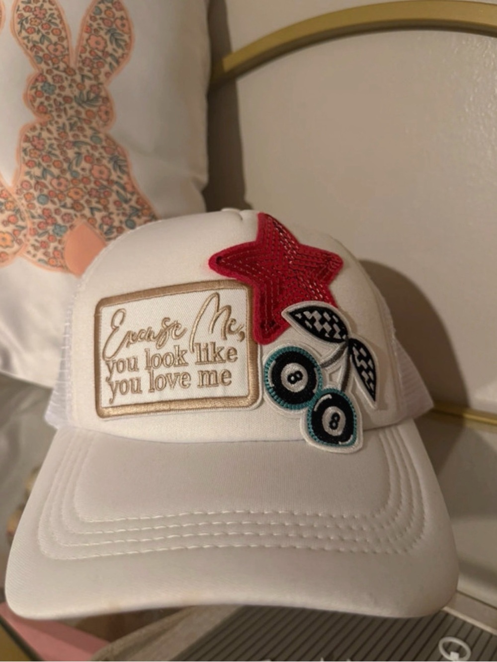 White Embellished Trucker Hat with Red Star and Patch Accents